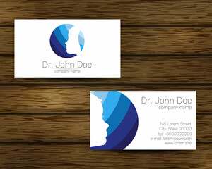 Psychology vector visit card Puzzle Autism Modern logo. Creative style. Design concept for Brand company. Blue color isolated on tree background. Symbol for web, print. vVsiting personal set
