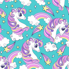 Seamless pattern with cute unicorns and comets vector
