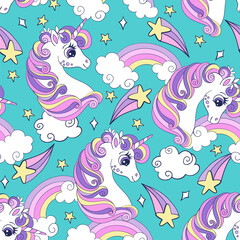 Fototapeta premium Seamless pattern with cute unicorns and comets vector