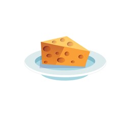 Vector cartoon flat piece of cheese on plate isolated on empty background-balanced diet,healthy eating and food cooking concept,web site banner ad design