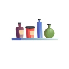Vector flat cartoon shelf with different bottles isolated on empty background-modern home furniture,kitchen appliances,room interior elements concept,web site banner ad design