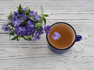Herbal tea in a mug and blue periwinkle flowers on a light wooden background, top view. Medicinal...