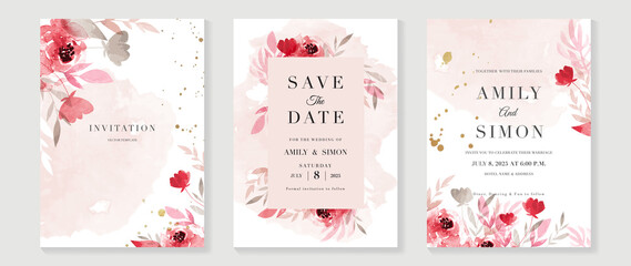 Pink and red rose floral watercolor wedding invitation vector set. Luxury background and template layout design for invite card, VIP invitation card and cover template.