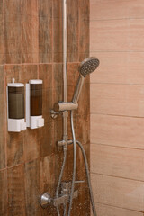 Shower cabin with dispensers and counter, close-up