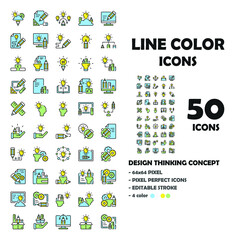 50 Icons set of Design Thinking Line icons. Such as bulb, pen, paper. Signs for infographic, logo, app and website design. 64x64 pixel perfect. Linear color symbols set. Editable stroke.