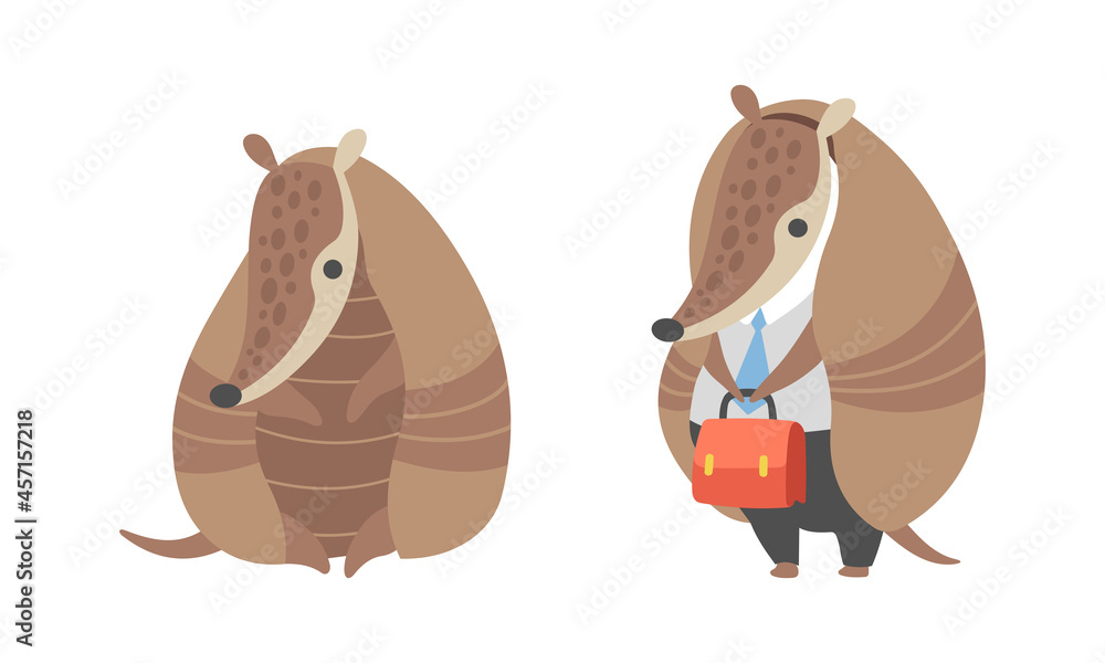 Poster cute armadillo character with armor shell sitting and standing in office suit with briefcase vector 