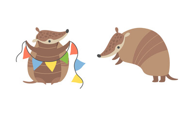 Cute Armadillo Character with Armor Shell Holding Garland and Standing Vector Set