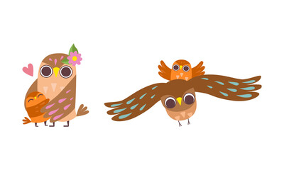 Happy Owl Family with Father, Mother and Baby Flying and Embracing Vector Set