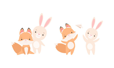 Pretty Little Bunny and Fox Cub Playing Together as Best Friends Vector Set