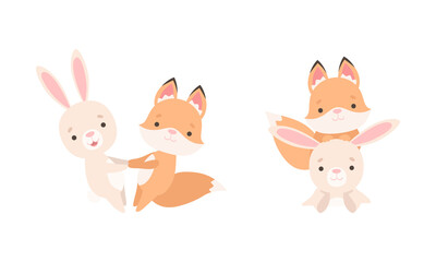 Pretty Little Bunny and Fox Cub Playing Together as Best Friends Vector Set