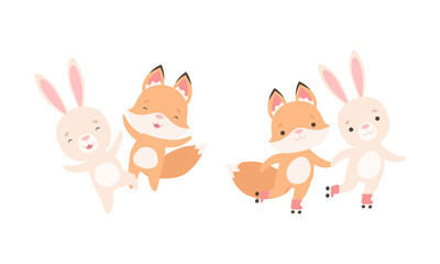 Pretty Little Bunny and Fox Cub Playing Together as Best Friends Vector Set