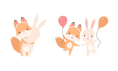 Obraz na płótnie Canvas Pretty Little Bunny and Fox Cub Playing Together as Best Friends Vector Set