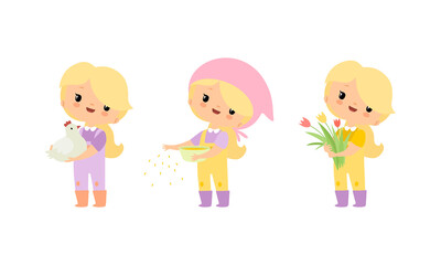 Little Blond Girl in Jumpsuit at Farm Feeding Poultry and Holding Bunch of Tulip Flower Vector Set