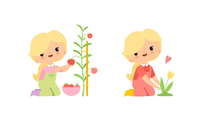 Little Blond Girl in Jumpsuit at Farm Caring About Tulip Flowers and Picking Tomato Vector Set
