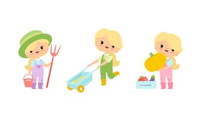 Little Blond Girl in Jumpsuit at Farm Pulling Wheelbarrow and Holding Pumpkin Vector Set