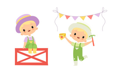 Little Blond Boy in Jumpsuit at Farm Sitting on Fence and Holding Seeds Vector Set