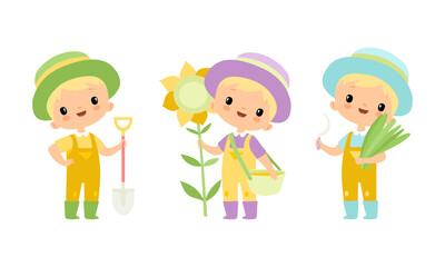 Little Blond Boy in Jumpsuit and Hat at Farm with Sunflower and Shovel Vector Set