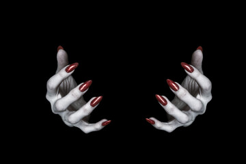 Bony pale hands of vampire or monster with sharp bloody red nails in the dark. Witch fingers hold something, low key, selected focus. - obrazy, fototapety, plakaty