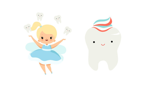 Cute Little Tooth Fairy with Blond Hair and Ponytail with First Baby Tooth Vector Set