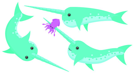 Set Abstract Collection Flat Cartoon  Different Animal Narwhals Floats Swim, With Squid On The Horn Vector Design Style Elements Fauna Wildlife © Дмитрий