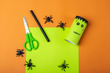 Halloween DIY and kids creativity. Step by step instruction: making green monster frankenstein from...