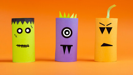 Halloween DIY and kids creativity. Eco-friendly reuse recycle from toilet roll tube. Children Paper...