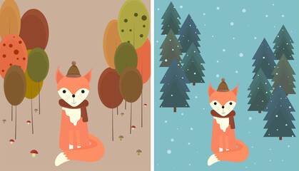 fox in a hat and scarf. autumn and winter landscape. 2 illustrations. 
