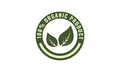 Organic product logo label design. Two leaf with circle frame badge. Editable vector isolated with background.
