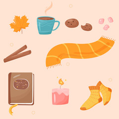 Set of autumn cozy thing in flat cartoon style. Cup of hot beverage, cookies, marshmallow, cinnamon, leaf of maple, aroma candle, warm scarf and socks, book. Stickers for autumn.