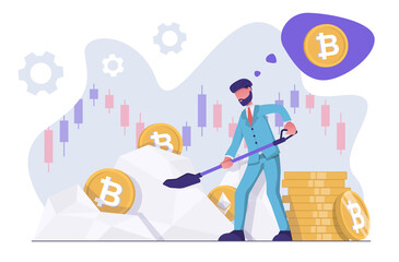Cryptocurrency mining. A businessman with a shovel mines cryptocurrency.