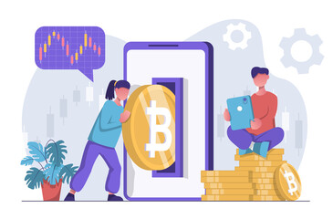 Cryptocurrency mining. A woman puts a bitcoin in her smartphone. A man with a tablet sits on a cryptocurrency.