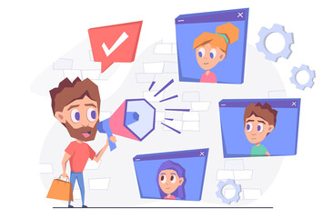 Marketing. A man holds up a trumpet and advertises merchandise.