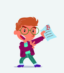 cartoon character of little boy on jeans arguing effusively with exam in hand.