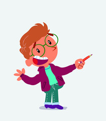 cartoon character of little boy on jeans is happy while pointing to the side with a pencil.