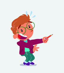 cartoon character of little boy on jeans laughs while pointing to the side with a pencil.