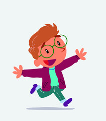 cartoon character of little boy on jeans running euphoric.