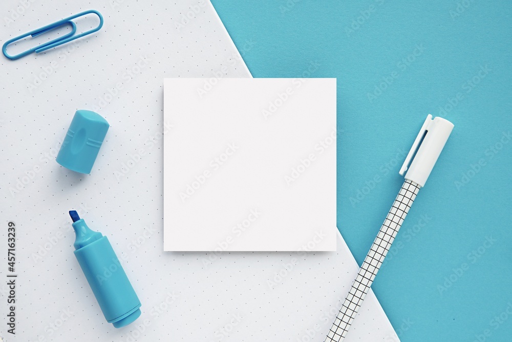 Sticker Square sticky notes, memo pad, small notepad mockup for design presentation, blue and white school supplies.