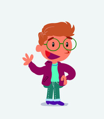 cartoon character of little boy on jeans waving happily.