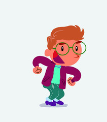 Euphoric cartoon character of little boy on jeans makes plans.