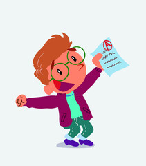 euphoric cartoon character of little boy on jeans raises his arms with exam in hand.
