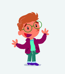 Pleased cartoon character of little boy on jeans explaining something.