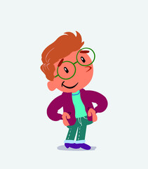 Satisfied cartoon character of little boy on jeans.
