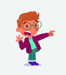 Surprised cartoon character of little boy on jeans pointing at something.