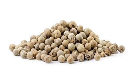 Dry white peppercorns heap on a white background. Isolated