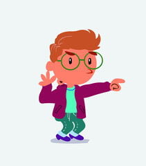 Surprised cartoon character of little boy on jeans points to something.