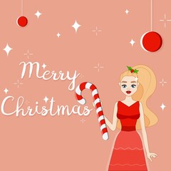 the design of a card with a happy Christmas greeting with a girl and a lollipop in a festive entourage can be used as a postcard invitation greeting card or a festive banner