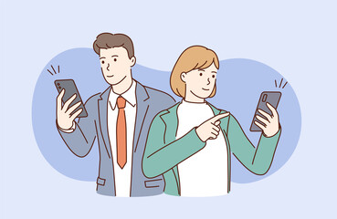 Business, work, communication, discussion. Businessman and businesswoman communicates, writes or reads a message.