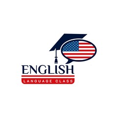 USA English Language Class Logo. language exchange program, forum and international communication sign. With United States Flag