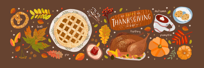 Thanksgiving Day. Vector illustrations of a festive table with a pie, pumpkin, turkey and objects for a card, background, invitation or poster.