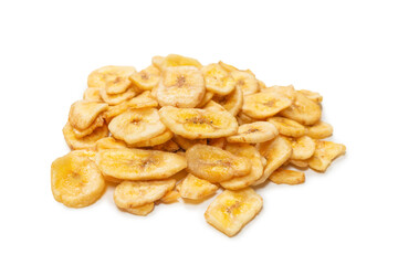 Banana chips isolated on a white background. Dehydrated banana.